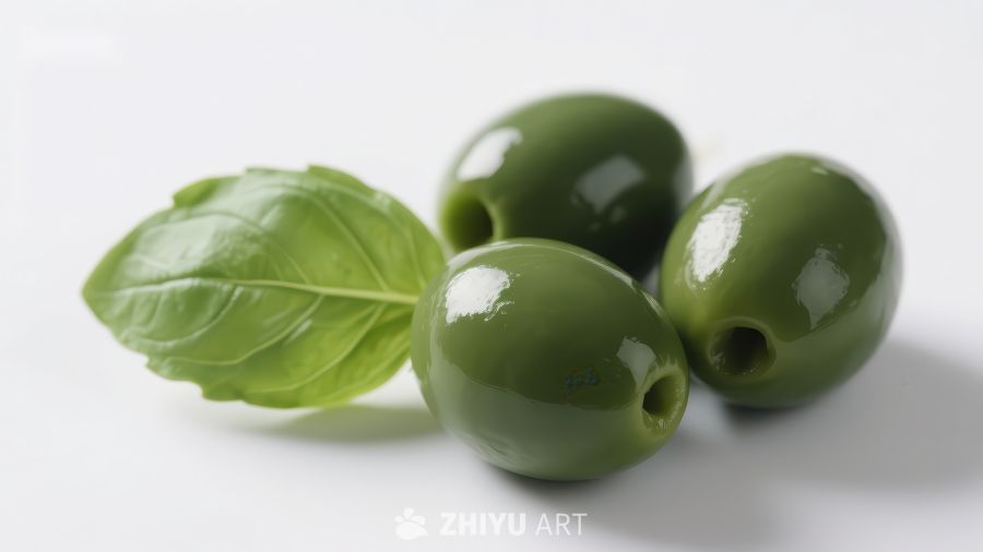 新鲜绿橄榄与罗勒叶