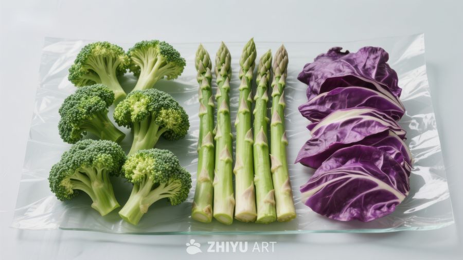 真空包装的西兰花、芦笋和紫甘蓝