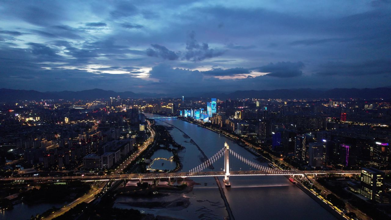 福建福州闽江大桥鼓山大桥夜景灯光航拍 
