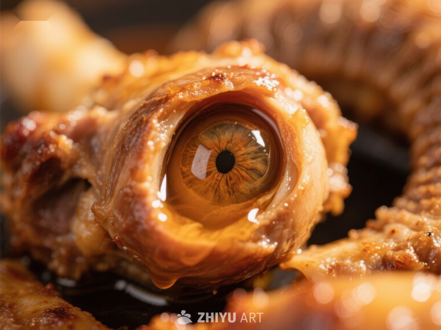 烤鸡中的奇异眼睛特写