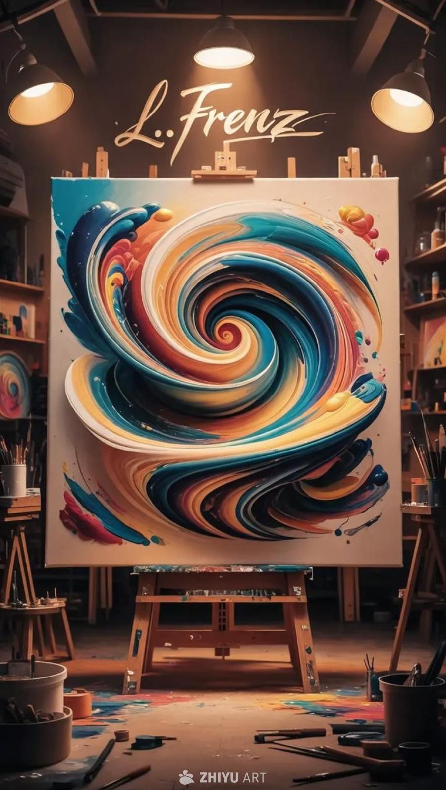工作室里，一块白色画布上绘有一幅漩涡状的抽象画，颜