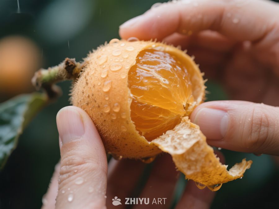手剥新鲜枇杷果，水珠点缀 485