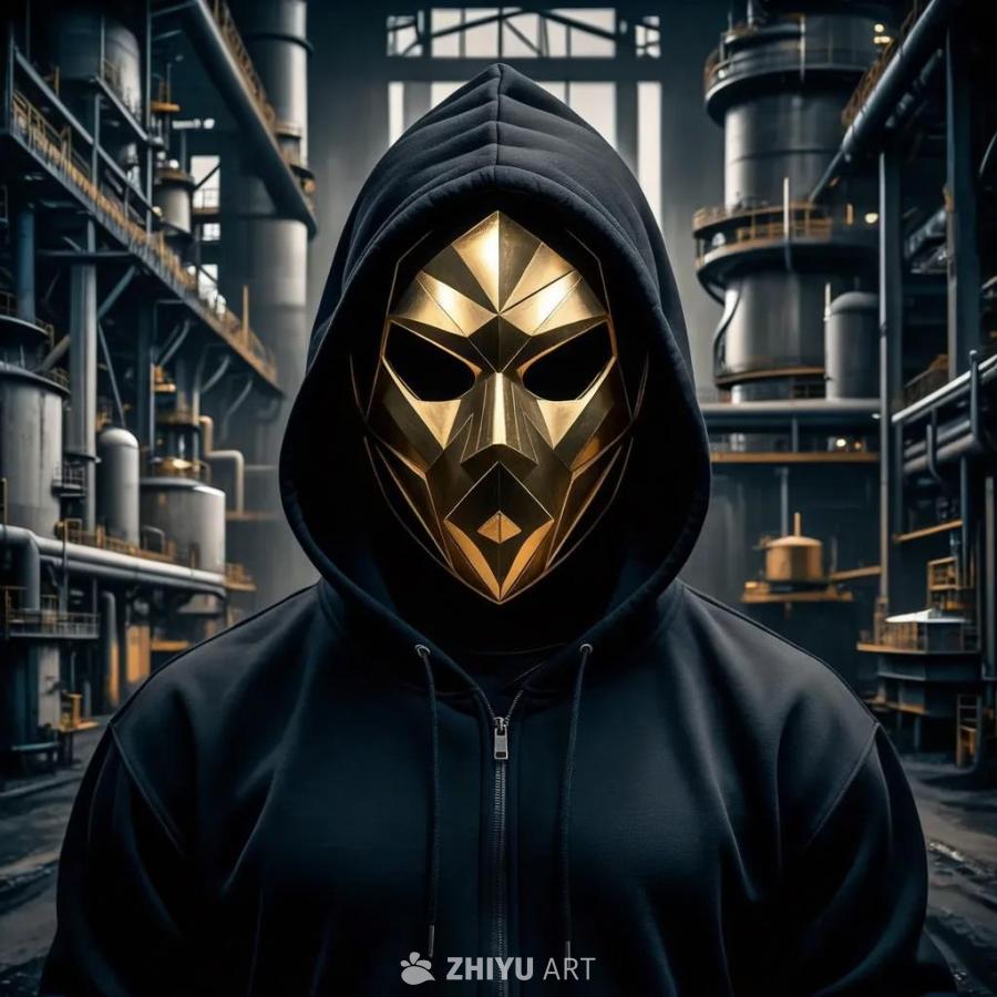 一个穿着黑色连帽衫，戴着金色几何面具的人站在昏暗的