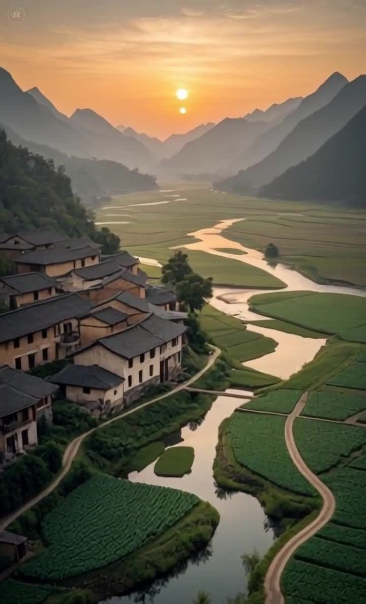 群山环绕着一个村庄，村庄房屋的屋顶呈现黑色。一条河