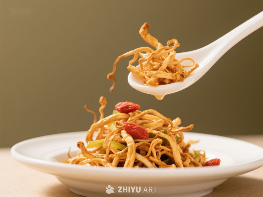 勺子舀起炒制的黄花菜 1374