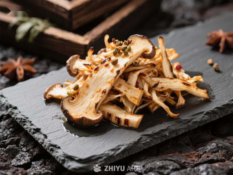 烤制松茸菌片，香料点缀 624