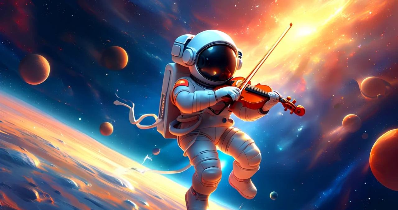 宇航员太空演奏小提琴，星空环绕浪漫至极