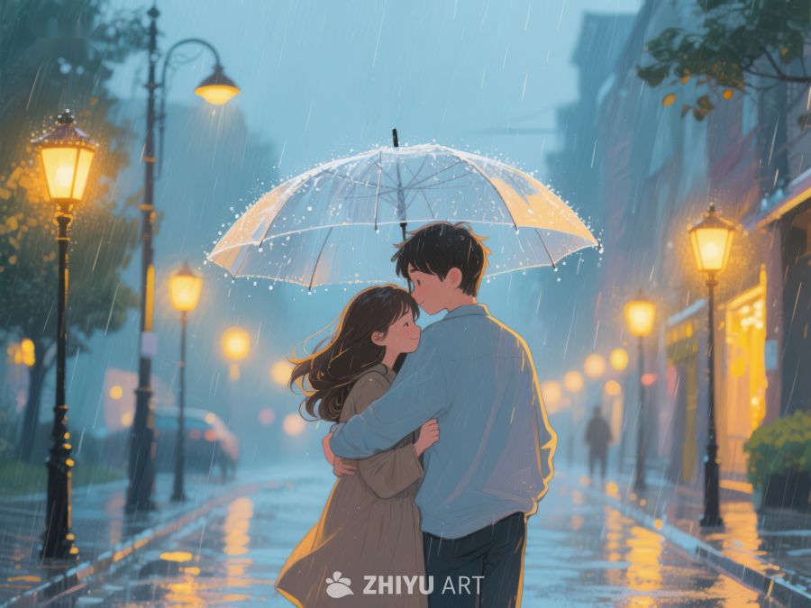 雨夜伞下情侣温馨相拥 1076