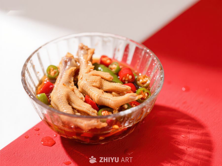 麻辣鸡爪配辣椒，玻璃碗中诱人美食 920