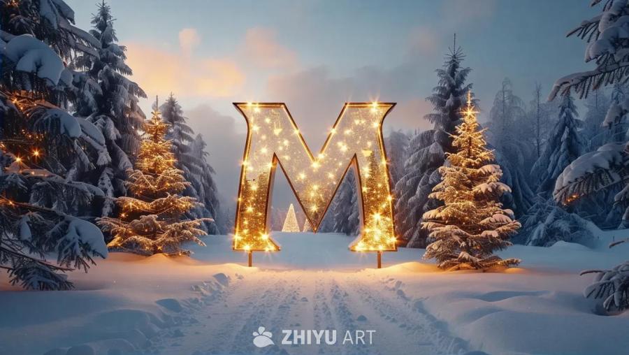 雪地中矗立着一个金色的字母“M”标志，标志内部闪烁