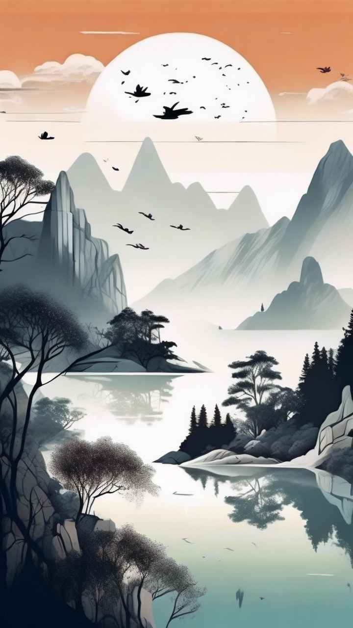 国风水彩画山水风景插画 59
