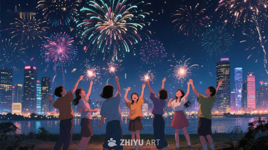 夜空烟花下欢庆的人群 1221