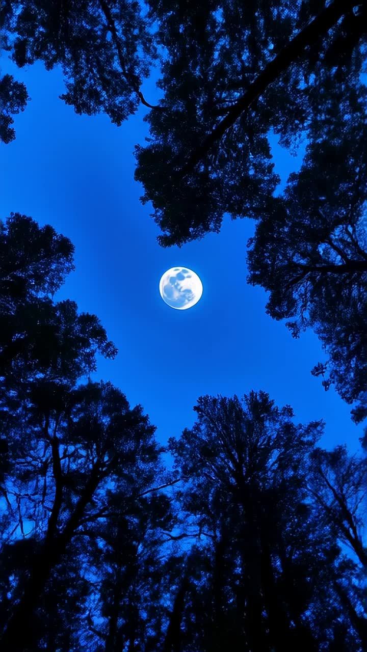夜晚，低角度静态拍摄，向上仰望森林树冠，柔和的月光