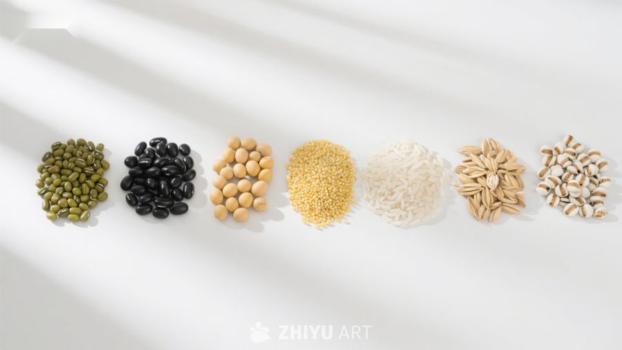 多样谷物与豆类的排列展示
