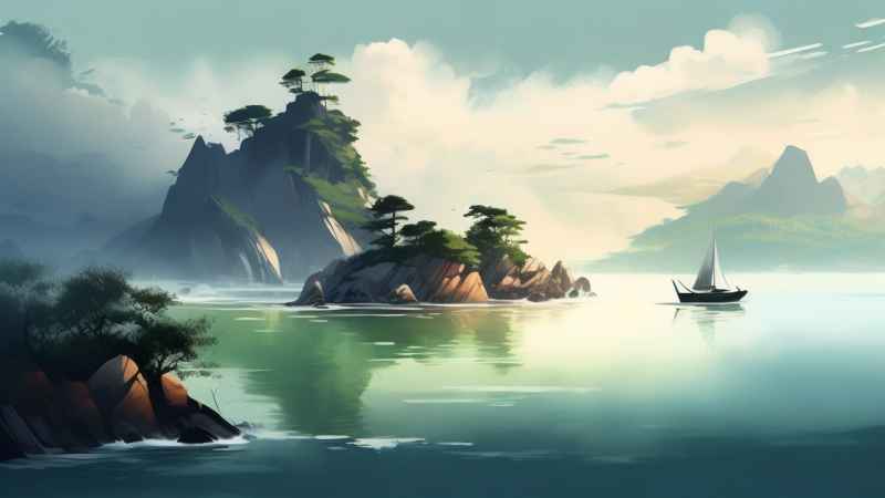 雾气缭绕大海山水画简约风格 20