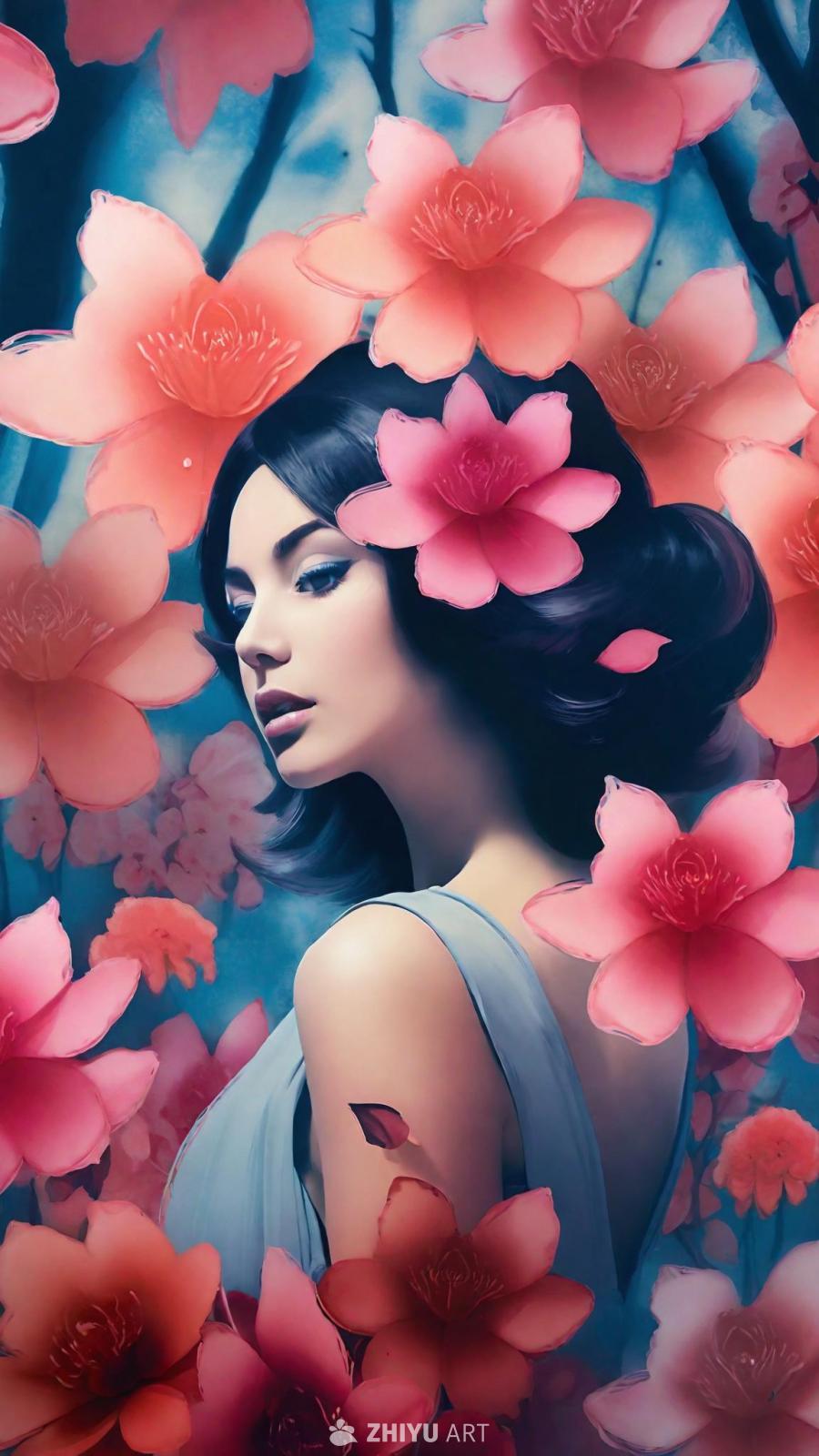 一个真实女性的肖像，姿势与花朵完全相同，周围环绕着