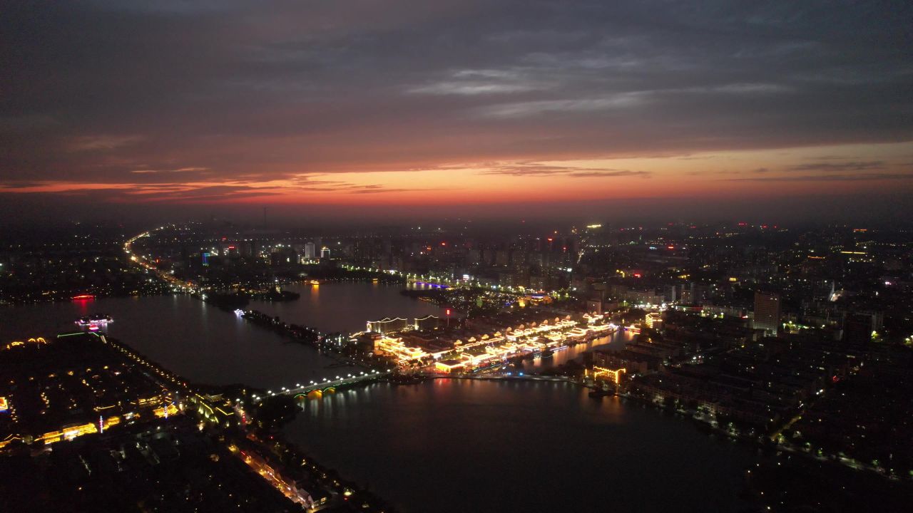 中华水上古城夕阳晚霞火烧云夜景降临山东聊城  