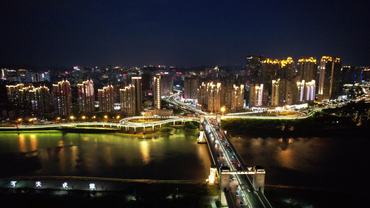 福建泉州城市夜景灯光交通航拍晋江 