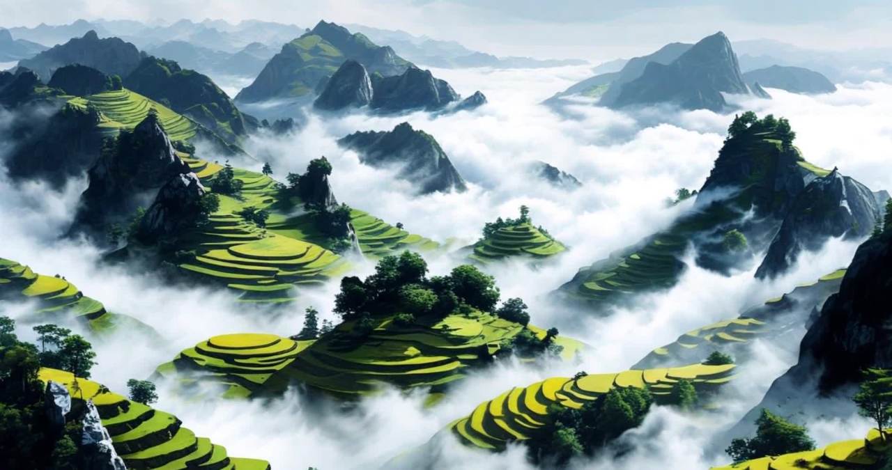 连绵的山脉在云雾中若隐若现。山坡上，层层叠叠的梯田