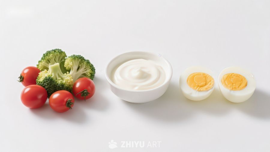 蔬菜鸡蛋酸奶组合摆拍