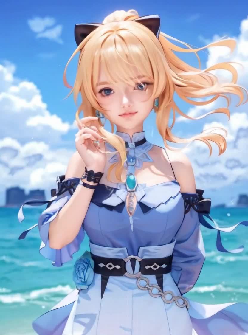 一位少女站在海边，她的金发随风飘动。她穿着蓝色连衣