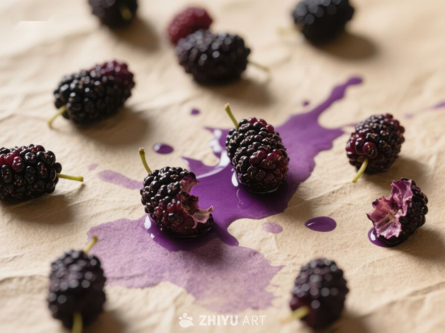 新鲜桑葚散落纸面，紫色汁液流淌 716