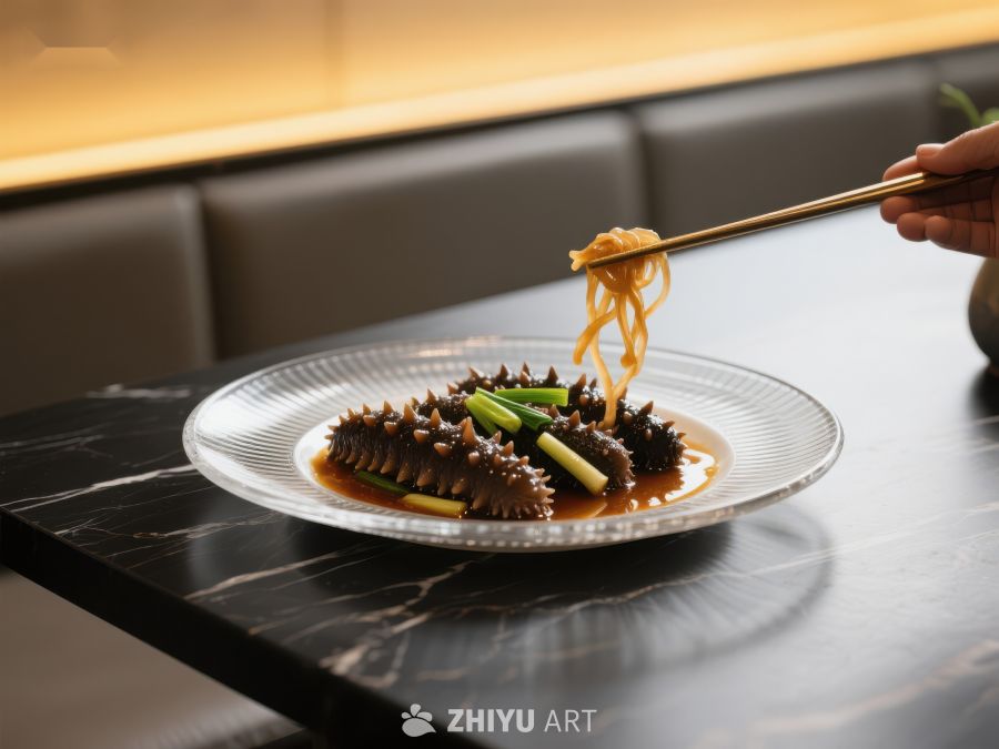 筷子夹起海参面条，精致中式美食 452