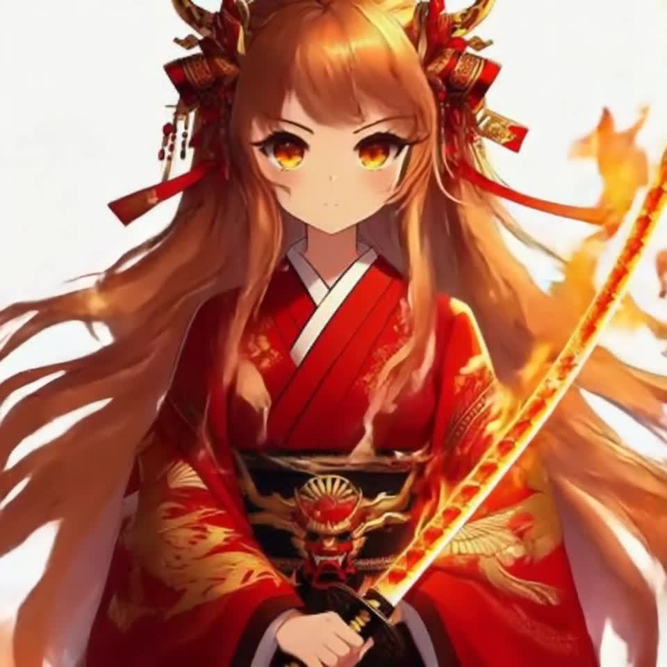 一个穿着红色和服的女子，腰间配有金色装饰。她手持一
