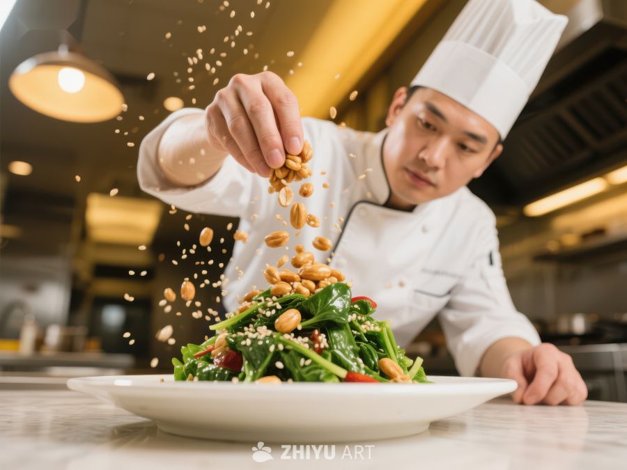 厨师精心撒料，装盘绿色蔬菜 83