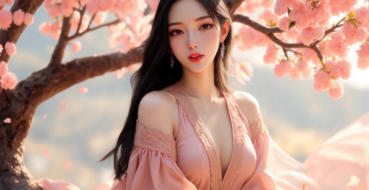 樱花树下粉衣女子，长发飘逸眼神迷离。