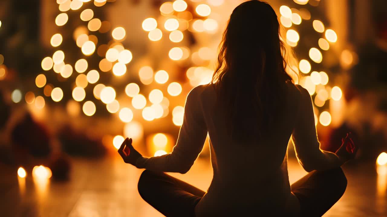 一位女士在一个昏暗的房间里冥想，她的双手交叠放在地