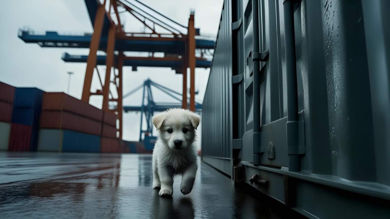 港口是安静的，雨水打在金属上。大型的航运起重机静止