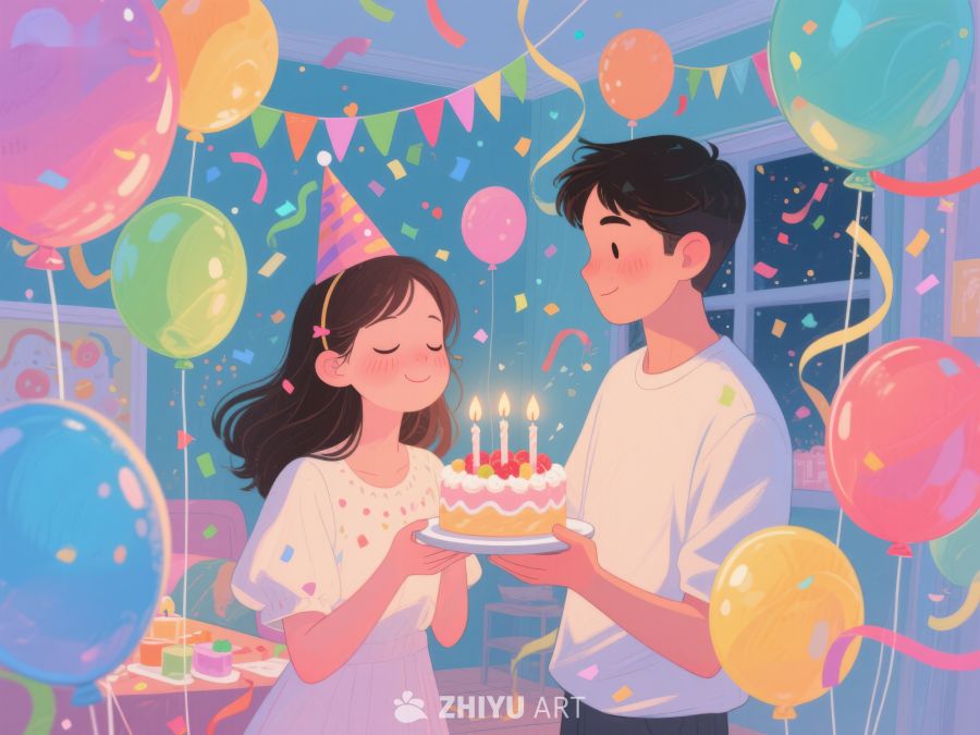 温馨生日派对，少年为少女献上蛋糕 741