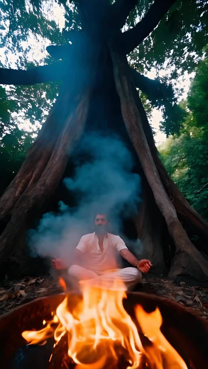 一个穿着白色衣服的男人在森林里的大树下盘腿而坐，面