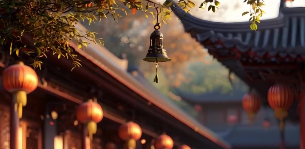 古风建筑群，红灯笼与铃铛，温馨的场景。
