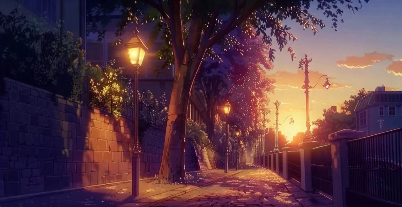 一条空旷的街道，石砖铺就的地面在夕阳的照射下泛着金
