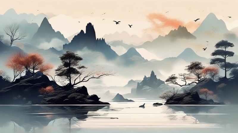 国风水彩画山水风景插画 49