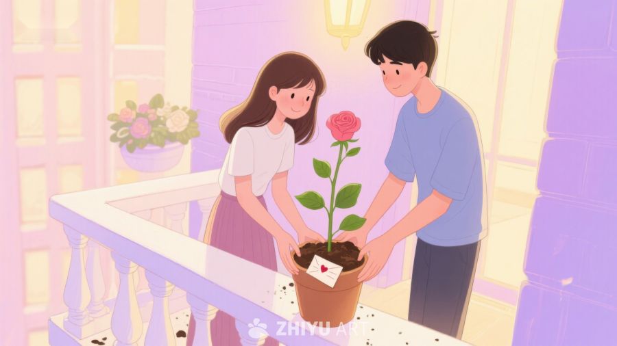 情侣共同照料盆栽玫瑰 233