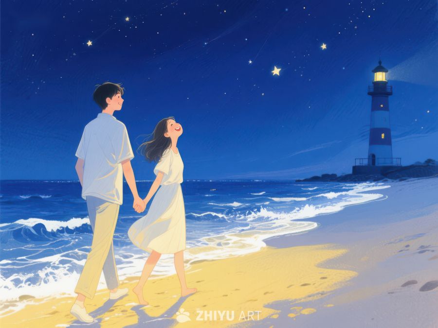 夜空下情侣海边漫步 980