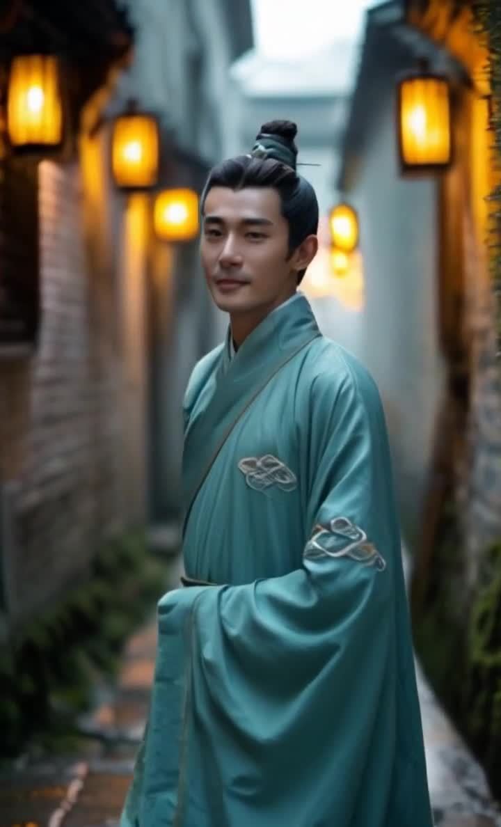 一位身着青色古代长袍的男子站在一条小巷中，男子面容
