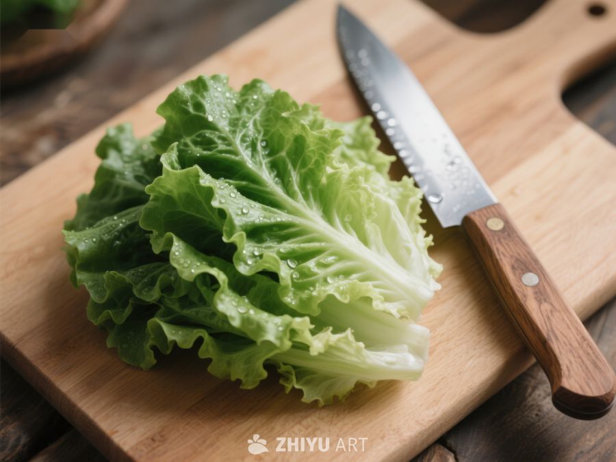 新鲜生菜与木柄刀置于砧板上 519