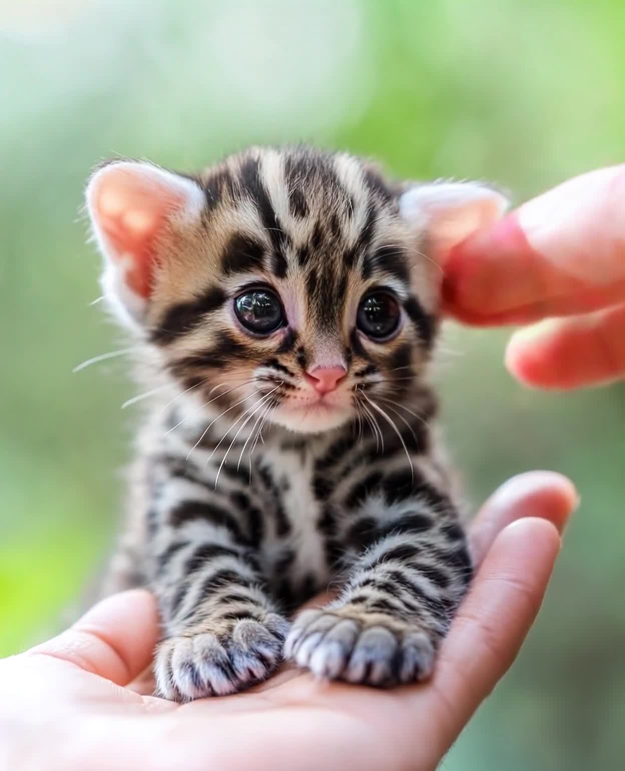 掌上斑纹小猫：圆眼粉耳，背景柔绿