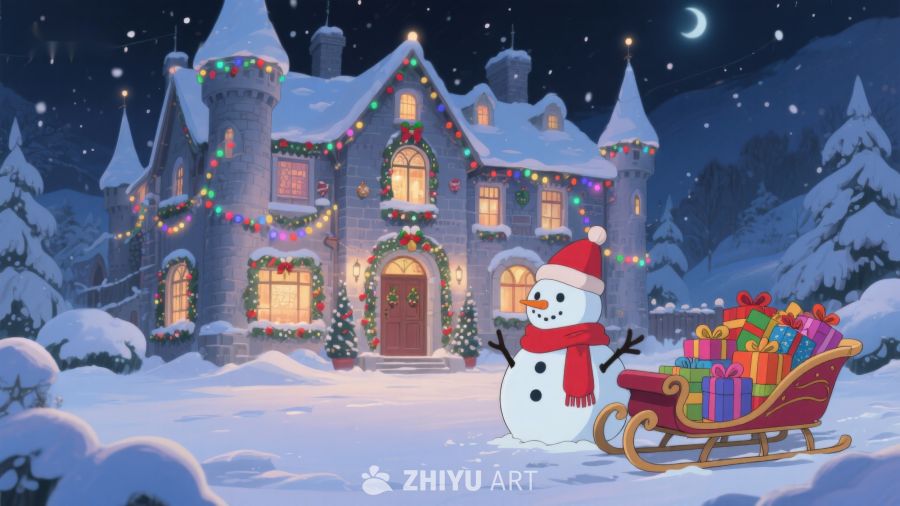 雪夜城堡前的雪人与礼物 352
