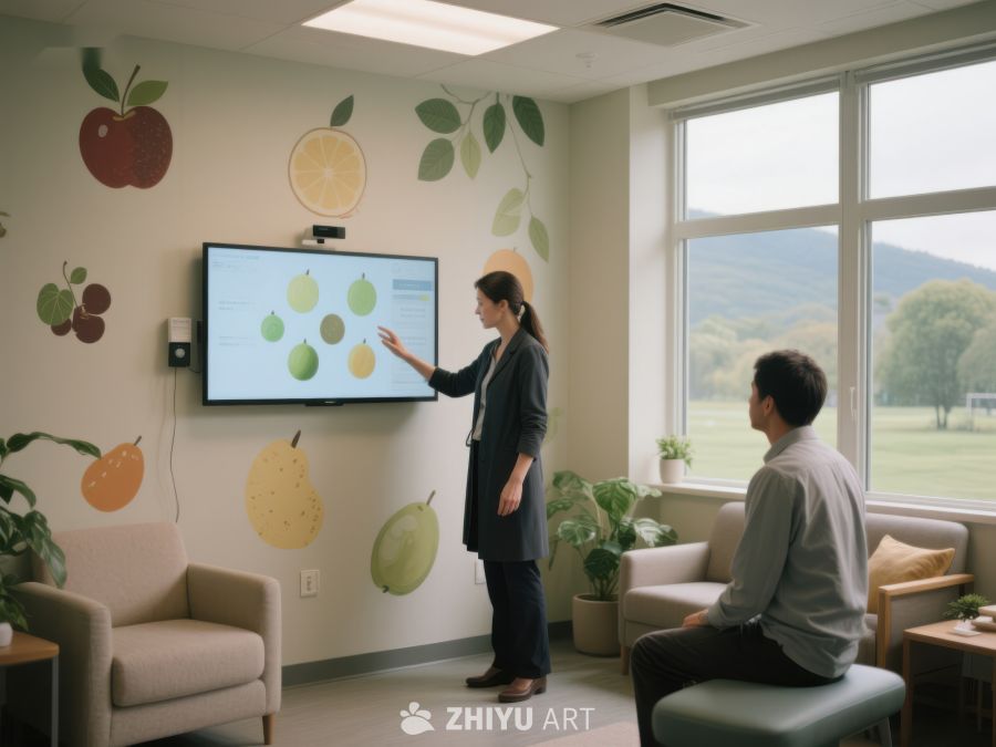 室内互动讲解，墙上水果图案装饰 552