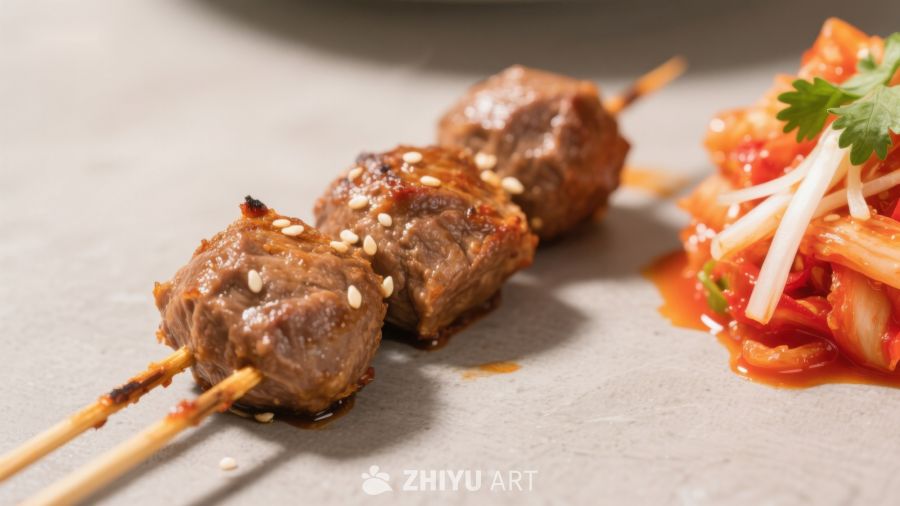 烤肉串配泡菜，美味诱人