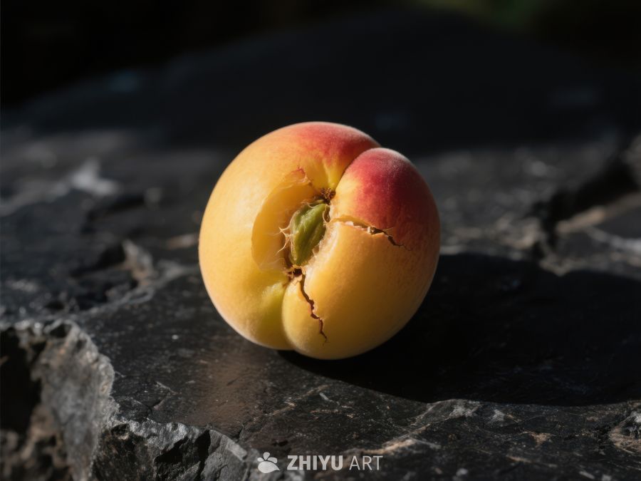 裂开的桃子静置于岩石上 235