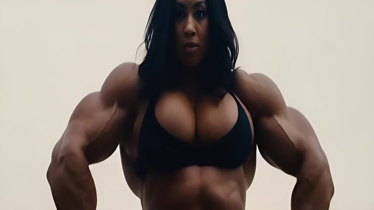 一位肌肉发达的女性健美运动员站在柔和的光线下。她的
