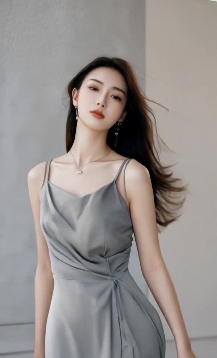 一位留着黑色长发，佩戴银色耳环和项链的年轻女性出现