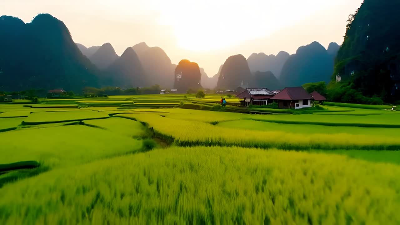越南宁平，石灰岩喀斯特地貌和茂盛的稻田。画面中展现