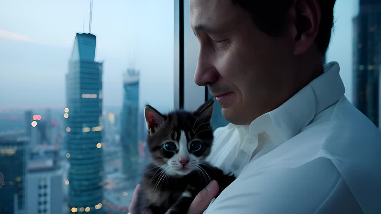 一个穿着白色衬衫的男人抱着一只小猫，他们都看着高层